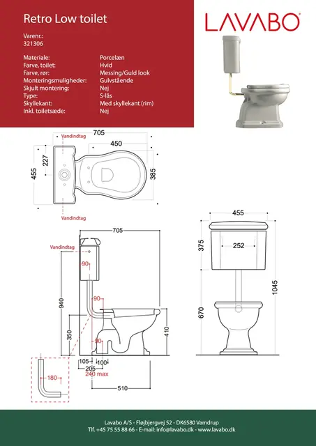 Lavabo Retro LOW Gulvstående Toalett 455x705x1045 mm, Messing/S-lås, Hvit 