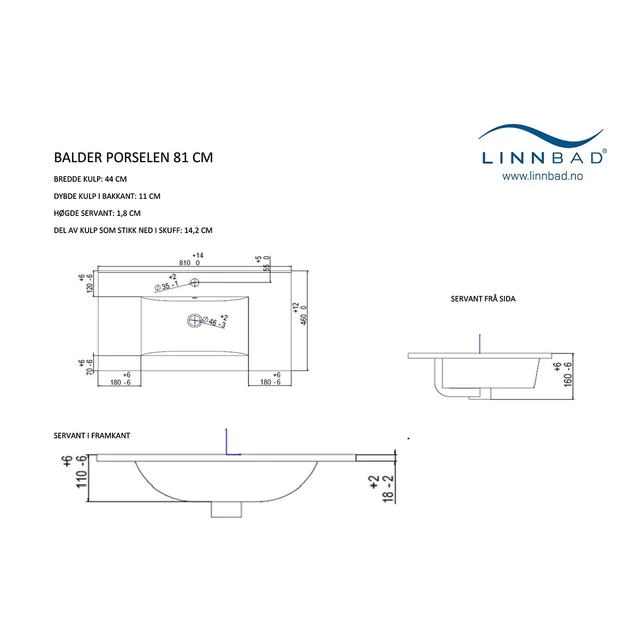 Linn Bad Balder Møbelservant 81x46 cm, med overløp, Hvit 