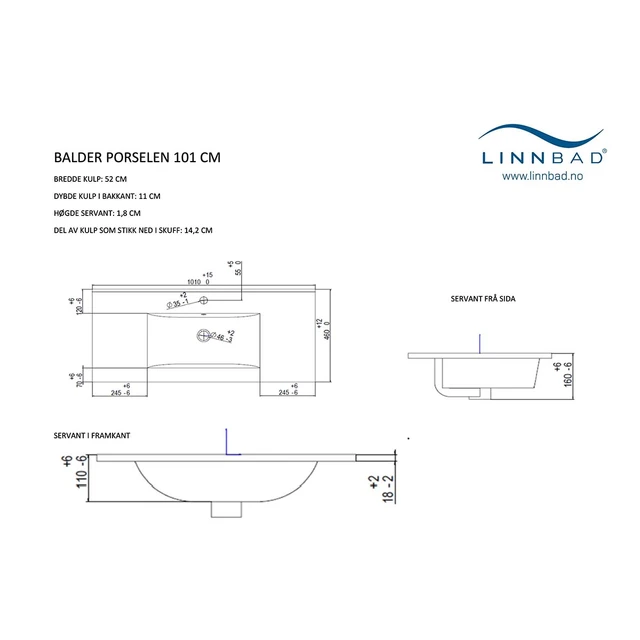 Linn Bad Balder Møbelservant 101x46 cm, med overløp, Hvit 