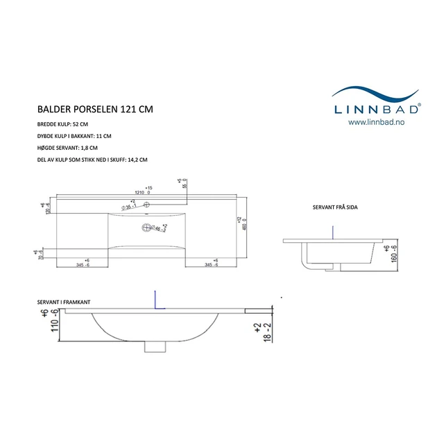 Linn Bad Balder Møbelservant 121x46 cm, med overløp, Hvit 