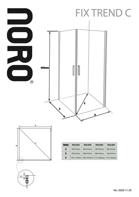 Noro Fix Trend Dusjhjørne 90x90 cm, Sølv Matt/Tonet glass 