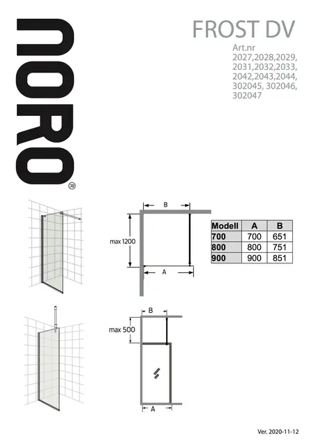 Noro Frost Concept Dusjhjørne 90x80 cm, Sølv Matt/Klart/Frostet Glass 