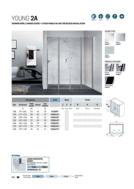 Novellini Young 2.0 2A Slagdører 117-121 cm, Hvit Matt/Klart Glass 