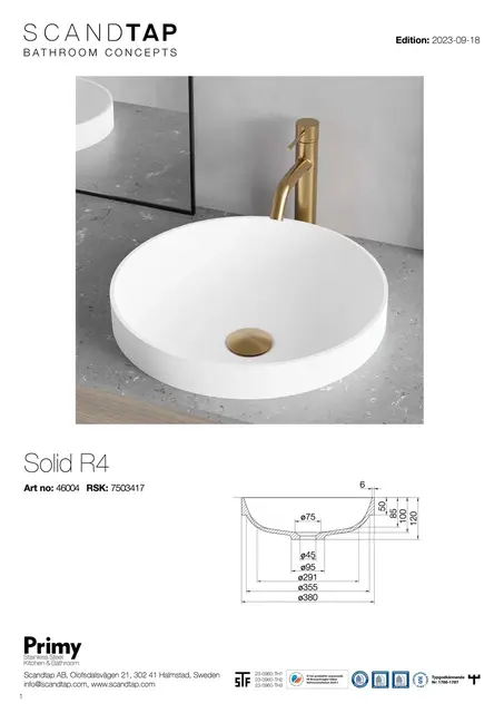Scandtap Bathroom Concepts Solid R4 Ø380 mm, Nedfelt, Hvit Matt 