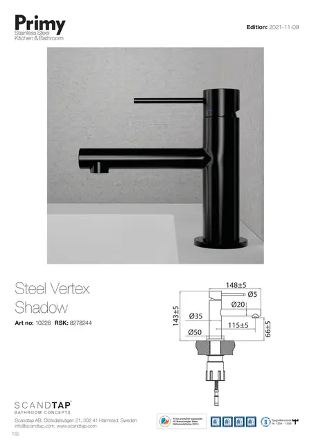 Primy Steel Vertex Servantbatteri Uten bunnventil, Shadow 