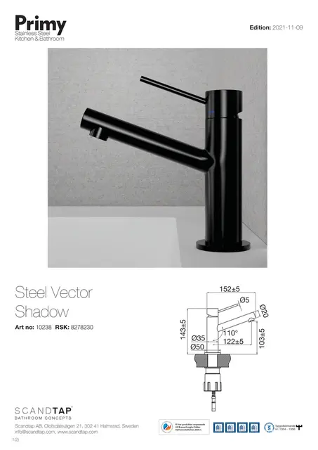 Primy Steel Vector Servantbatteri Uten bunnventil, Shadow 