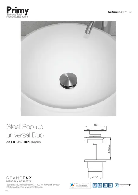 Primy Steel Pop-up Bunnventil Universal Duo, Rustfritt stål 