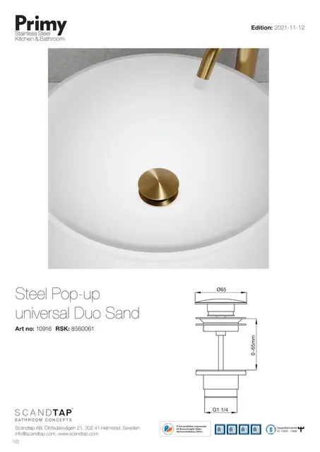 Primy Steel Pop-up Bunnventil Universal Duo, Sand 