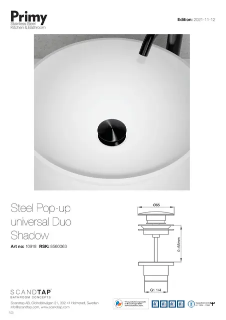Primy Steel Pop-up Bunnventil Universal Duo, Shadow 