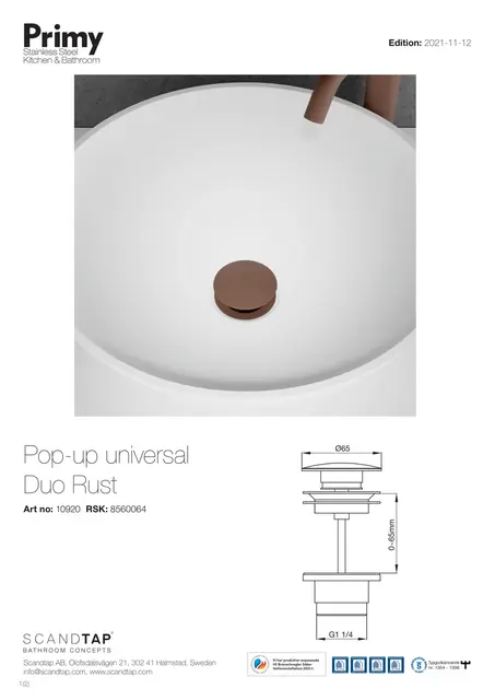 Primy Pop-up Bunnventil Universal Duo, Rust 