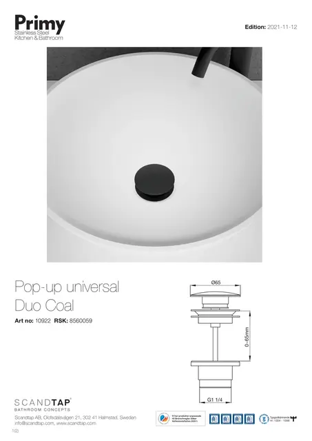 Primy Pop-up Bunnventil Universal Duo, Coal 