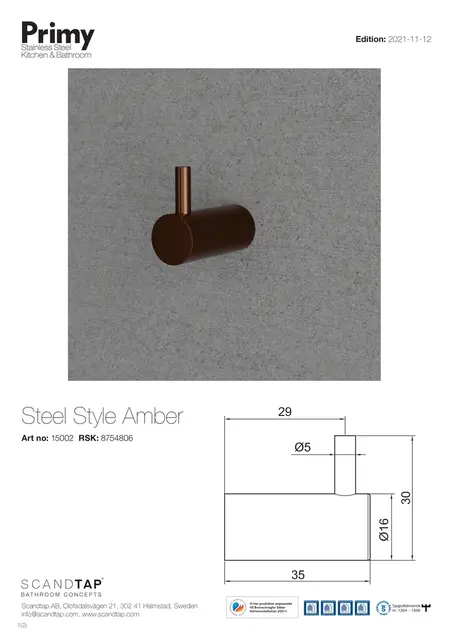 Primy Steel Style Enkel krok 35 mm, Amber 