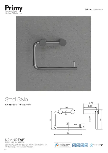 Primy Steel Style Toiletpapirholder 135 mm, Rustfritt Stål 