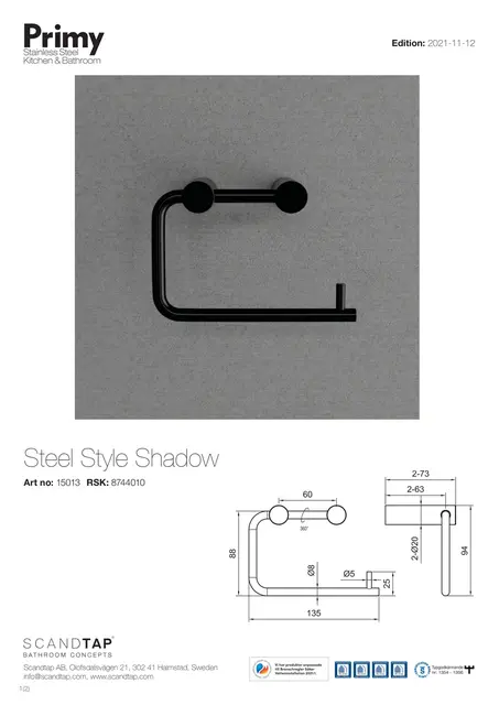Primy Steel Style Toiletpapirholder 135 mm, Shadow 