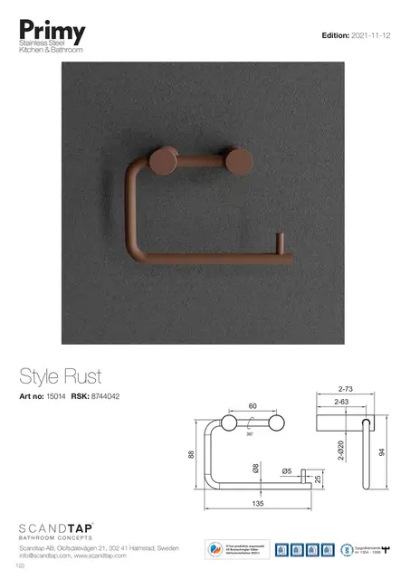 Primy Style Toiletpapirholder 135 mm, Rust 
