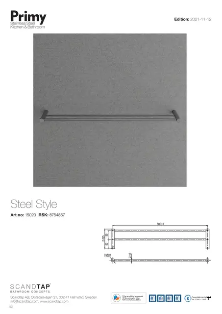 Primy Steel Style Håndklestang 600 mm, Rustfritt Stål 
