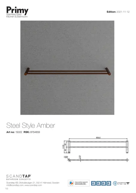 Primy Steel Style Håndklestang 600 mm, Amber 