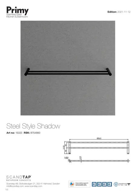 Primy Steel Style Håndklestang 600 mm, Shadow 
