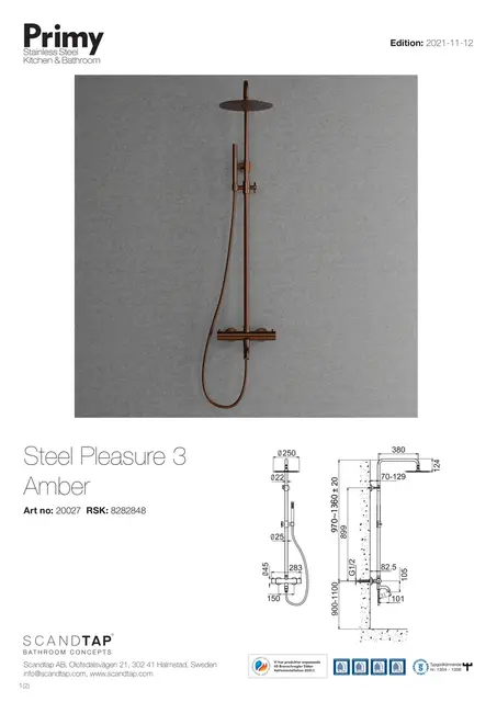 Primy Steel Pleasure 3 Takdusjsett Ø 250 mm, Amber 