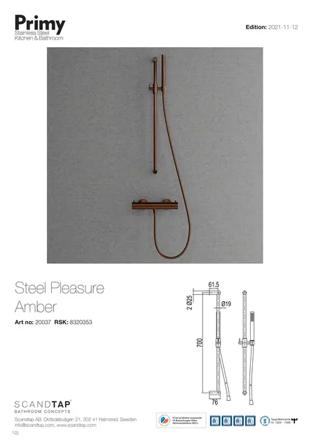 Primy Steel Pleasure Dusjsett 750 mm, Amber 
