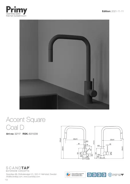 Primy Accent Square Kjøkkenbatteri Med avstengning, Coal 