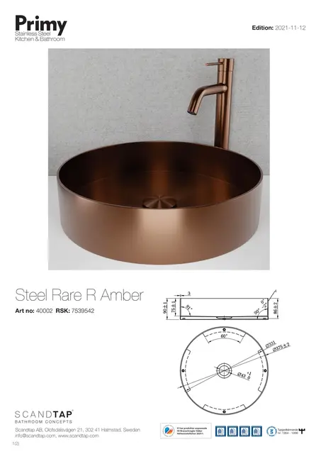 Primy Steel Rare R Toppmontert Servant Ø375 mm, Amber 