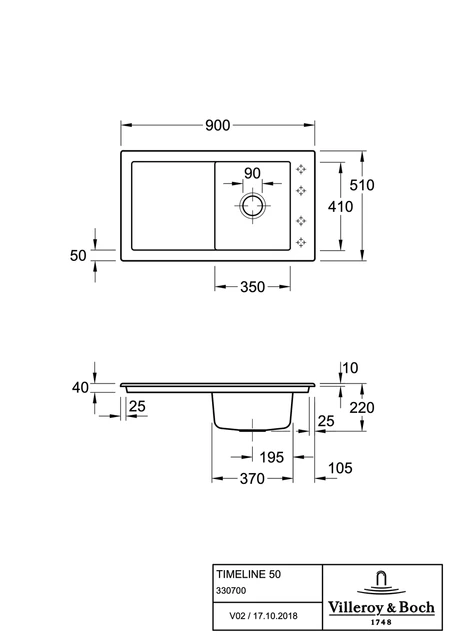 V&B Timeline 50 Kjøkkenkum 900x510 mm, m/oppl., Hvit m/C+ 