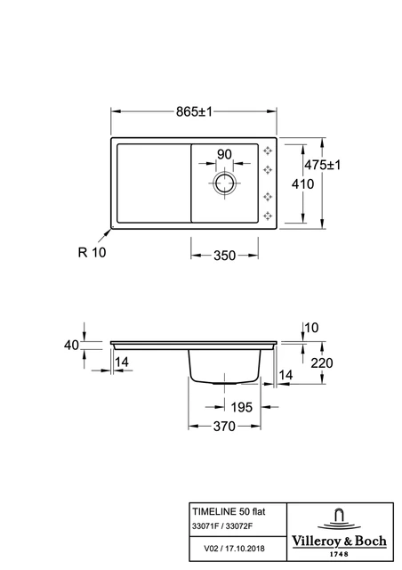 V&B Timeline 50 Flat Kjøkkenkum 865x475 mm, u oppl., Stone White m/C+ 