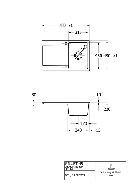 V&B Siluet 45 Flat Kjøkkenkum 780x490 mm, u/oppl., Ivory m/C+ 