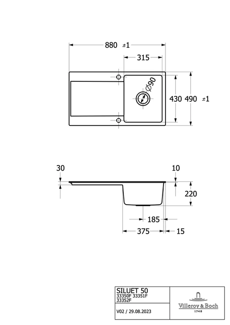 V&B Siluet 50 Flat Kjøkkenkum 880x490 mm, u oppl., Stone White m/C+ 