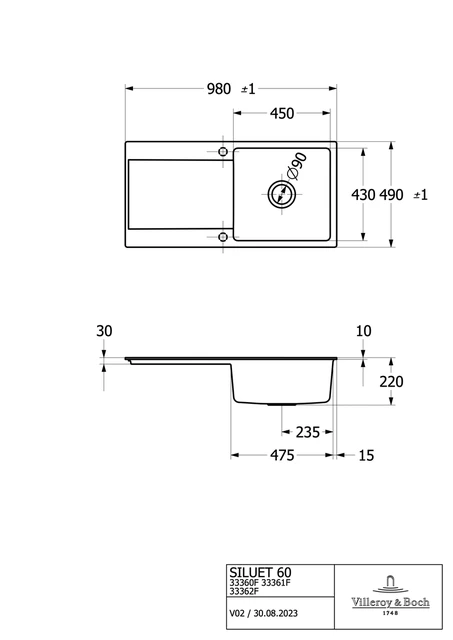 V&B Siluet 60 Flat Kjøkkenkum 980x490 mm, u oppl., Stone White m/C+ 