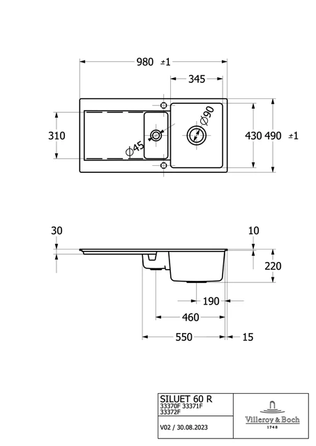 V&B Siluet 60 R Flat Kjøkkenkum 980x490 mm, u/oppl., Graphite m/C+ 