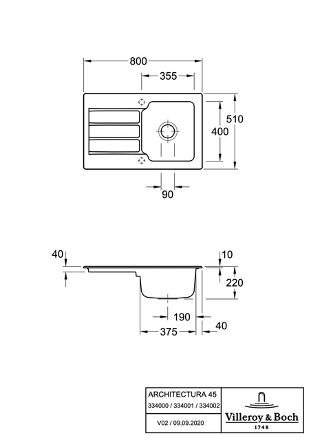 V&B Architectura 45 Kjøkkenkum 800x510 mm, u/oppl., Steam m/C+ 