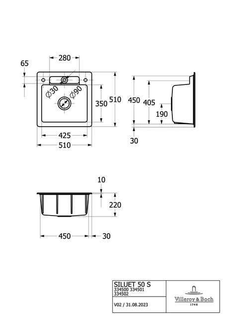 V&B Siluet 50 S Kjøkkenkum 510x510 mm, u/oppl., Graphite m/C+ 