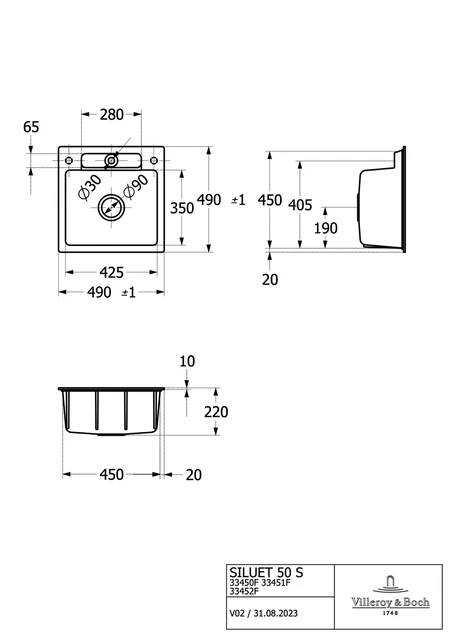 V&B Siluet 50 S Flat Kjøkkenkum 490x490 mm, u/oppl., Graphite m/C+ 