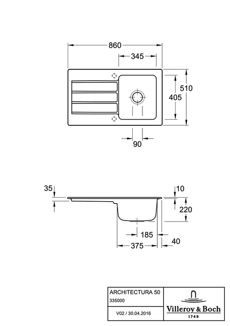 V&B Architectura 50 Kjøkkenkum 860x510 mm, u/oppl., Steam m/C+ 