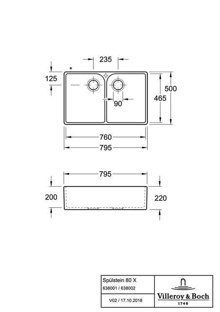 V&B 80 X Kjøkkenkum 795x550 mm, u/oppl., Hvit m/C+ 