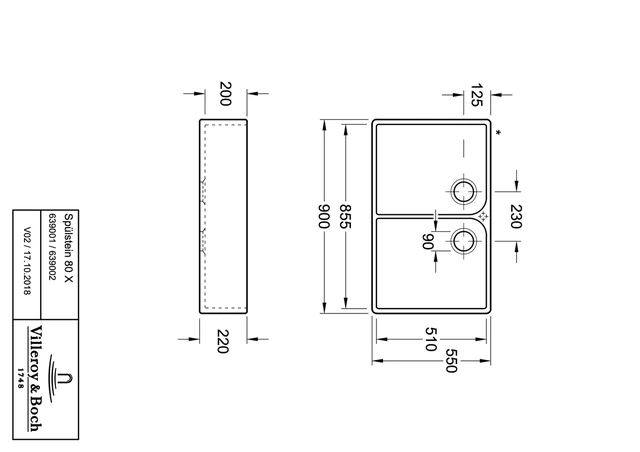 V&B 90 X Kjøkkenkum 895x550 mm, u/oppl., Hvit m/C+ 