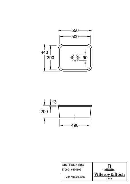 V&B Cisterna 60C Kjøkkenkum 550x440 mm, u/oppl., Graphite m/C+ 