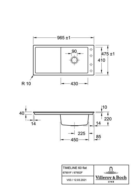 V&B Timeline 60 Flat Kjøkkenkum 965x475 mm, u/oppl., Ivory m/C+ 