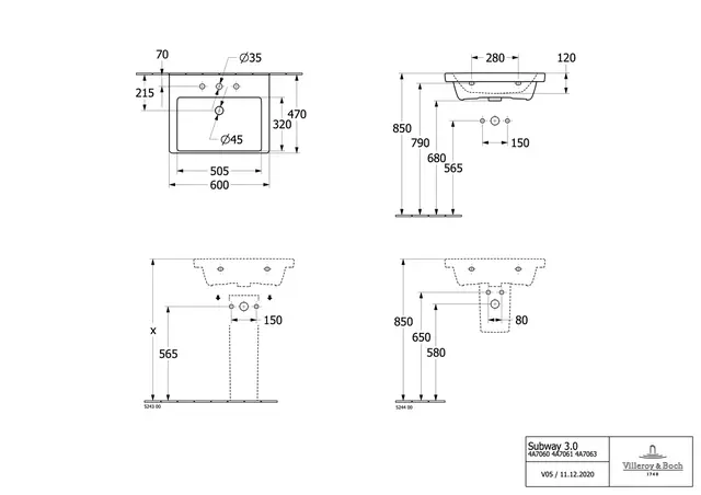 V&B Subway 3.0 Møbelservant 600x470 mm, u/bl.hull, u/overløp, Hvit 