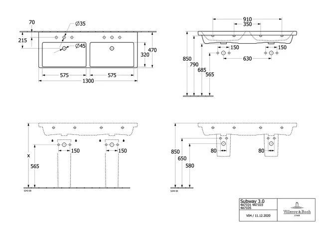 V&B Subway 3.0 Møbelservant, dobbel 1300x470 mm, 1 bl.hull, m/o.l, Hvit m/C+ 