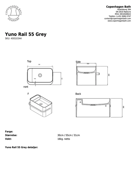 Copenhagen Bath Yuno Rail 55 servant 55x31x30 cm, Grå Matt 