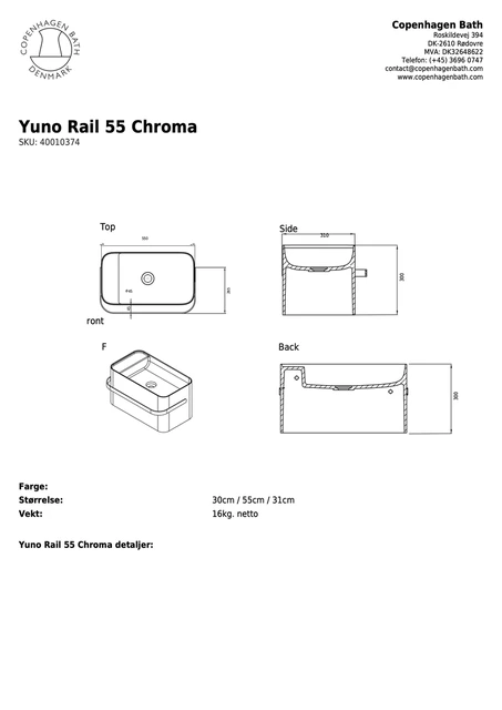 Copenhagen Bath Yuno Rail 55 Servant 55x31x30 cm, Grå/Hvit 