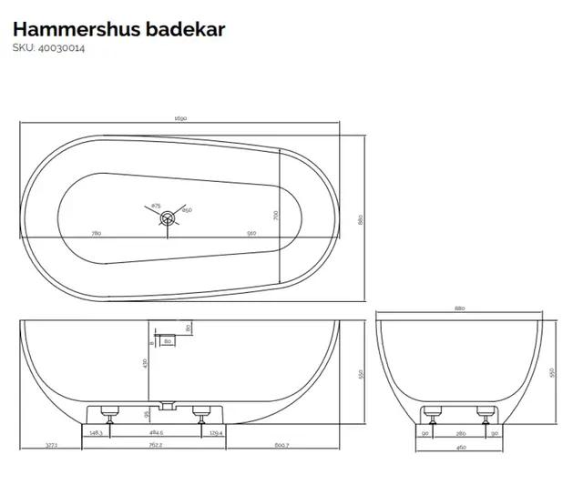 Copenhagen Bath Hammershus badekar 1700x880 mm, Frittstående i Hvit Matt 