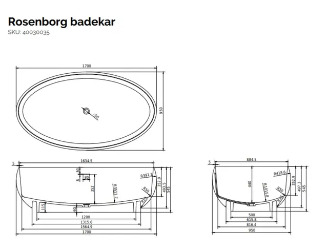 Copenhagen Bath Rosenborg badekar 1700x950 mm, Frittstående i Hvit Matt 