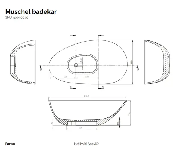 Copenhagen Bath Muschel badekar 1750x870 mm, Frittstående i Hvit Matt 