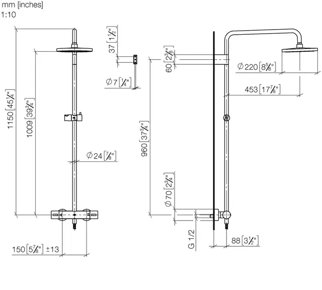 Dornbracht Showerpipe, med termostat Ø220 mm, u/hånddusj, Børstet Messing 