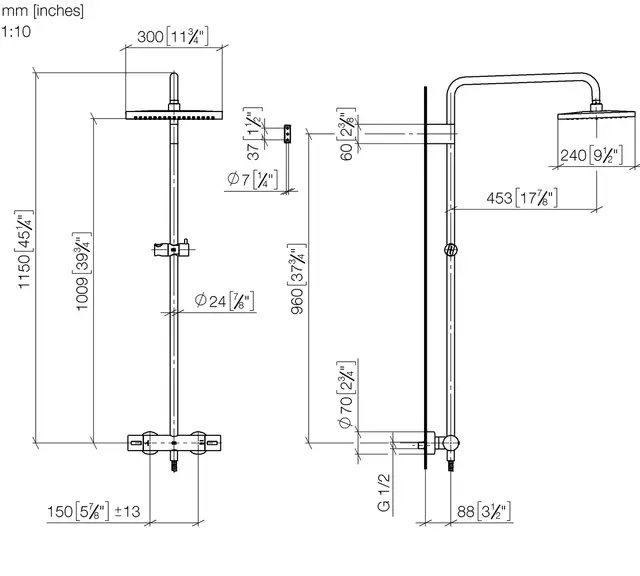 Dornbracht Showerpipe, med termostat 300x240 mm, u/hånddusj, Matt Platina 