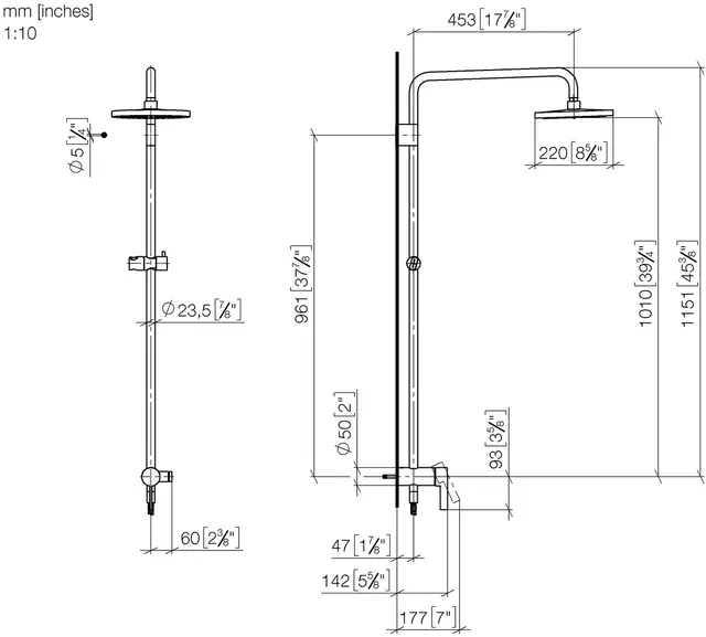 Dornbracht Showerpipe for innbygging Ø220 mm, u/hånddusj, Platina 